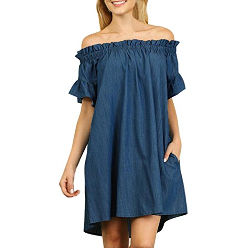 Tsmile Plus Size Womens Off The Shoulder Bardot Denim Look Shirt Dress Tops (Small, Blue)