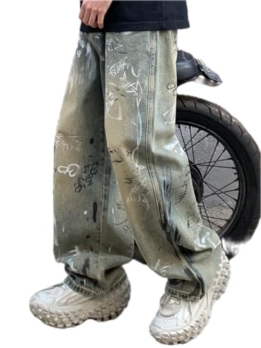 Jeans Pants Trouser Denim Korean Version Street Art Graffiti Men's High Loose Wide Leg Mopping Feeling Trendy Handsome Men2