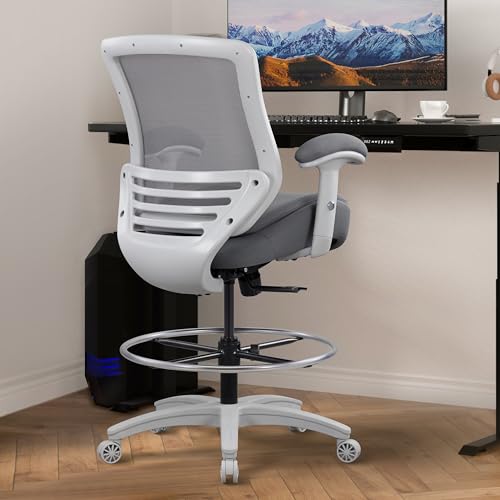 Image of 400lbs Office Drafting Chair Wide Dual Seat Cushion Height Adjustable Armrest for High Standing Desk with Lumbar Support and Enlarged Adjustable Footrest (Light Gray Frame Light Gray Fabric)