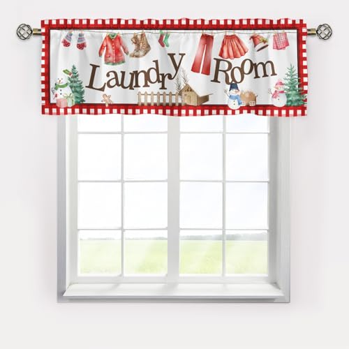 Christmas Snowman Tree Valance Curtains,Curtain Valance Window,Blackout Valance Curtains,Curtains Rod Pocket Valances,Farmhouse Country Curtains for Bedroom Living Room Kitchen Laundry Room Decor