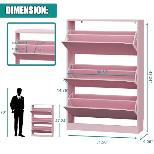 Image of Xixini Shoe Storage Cabinet for Entryway with 3 Flip Drawers, Sturdy Wood Hidden Shoe Storage, Freestanding Narrow Slim Shoe Organizer for Front Door Entrance, Living Room, Hallway, Bedroom, Pink