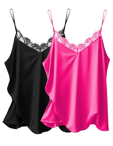 Image of Ekouaer Women's Satin Lace V Neck Camisole Tops Pajama | Women's Satin Camisole Lace Pajama Tank Tops V Neck Soft Spaghetti Strap Loose Sleepwear