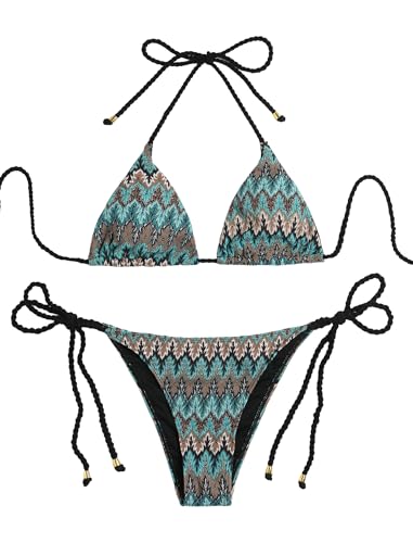 Image of ZAFUL 2 Piece Triangle Bikini for Women Knitted Rope Halter Bikini Sets Sexy Bathing Suit Side Tie Swimsuits Beachwear