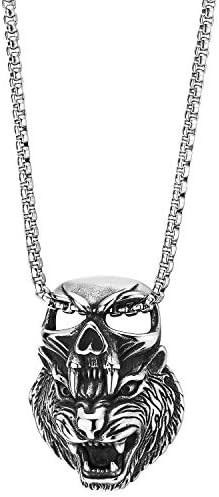 COOLSTEELANDBEYOND Mens Steel Vintage Roaring Tiger Head Punisher Skull Fang Pendant Necklace, 30 inches Wheat Chain