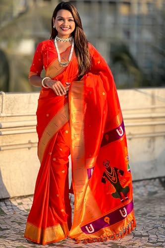 Image of SGF11 Women's Kanjivaram Paithani Silk Saree With Unstitched Blouse Piece