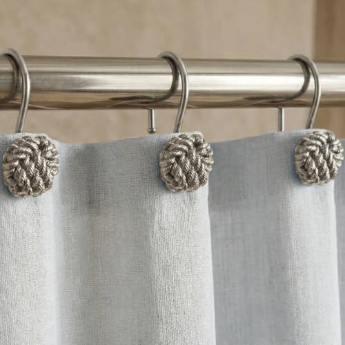 Decorative Shower Curtain Hooks Rings: 12 Pcs PopKozzi Rust Proof Matte Nickel Metal Shower Curtain Rings - Boho Nautical Silver Shower Curtain Hangers for Bathroom - Set of 12
