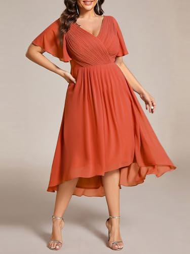Image of Ever-Pretty Plus Summer Short Sleeves V-Neck Formal Wedding Guest Dresses for Curvy Women Chiffon Midi Cocktail Party Dress