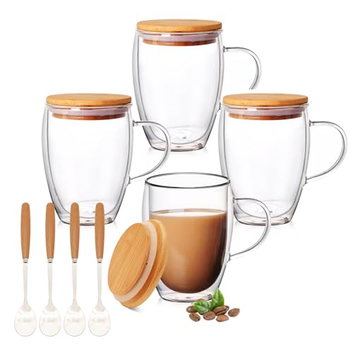Jatnsefo 4 Pack 12oz Double Walled Glass Coffee Mugs with Bamboo Lid/Spoon, Clear Coffee Cups and Mugs Set of 4, Cappuccino Latte Glasses Cups, Espresso Mug Cups for Latte, Hot/Cold Drink