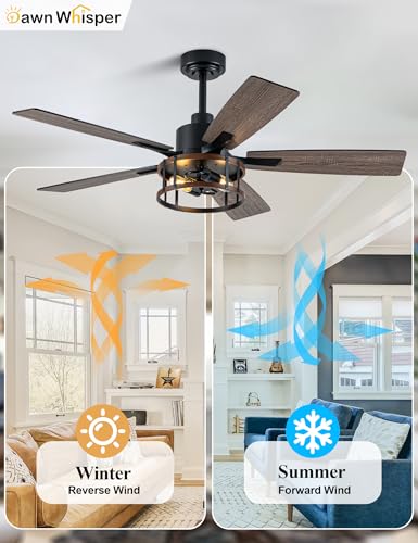 Image of Dawn Whisper Farmhouse Ceiling Fans with Lights 52 Inch Black Caged Rustic Ceiling Fan for Bedroom Living Room and Patio Reversible Quiet DC Motor 6 Speeds