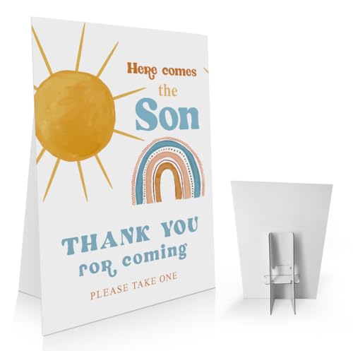 OXEDP Here Comes the Son Baby Shower Sign 8 x 11 Inch, Thank You for Coming Please Take One, Sunshine Boy Baby Shower Decorations with Stand