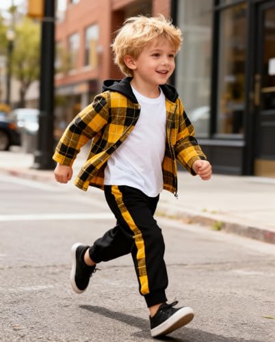 Image of OLMRJKD Toddler Baby Boy Clothes Plaid Long Sleeve Hoodie Sweatshirt + Pants 2pcs Boys Outfit Set