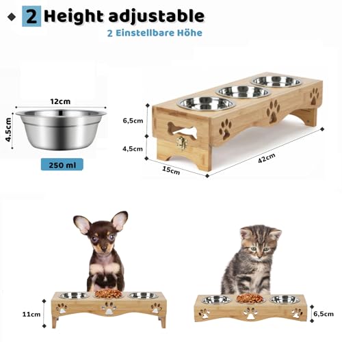 WPAJIRZO Katzennapf erhöht 3er Set - Edelstahl-Näpfe für Wasser & Futter mit Höhenverstellbarem Holzständer - Ergonomische Futterstation für Katzen & Welpen
