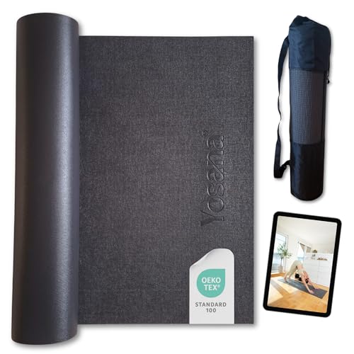 Tappetino da yoga antiscivolo con custodia per il trasporto, Oeko-Tex 100, delicato sulla pelle, tappetino da ginnastica, tappetino sportivo, 183 x 60 cm, morbido tappetino da yoga (Nero)