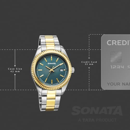 Image of Sonata Festive 2.0 Quartz Teal Round Dial Men's Watch | Stainless Steel Strap Material | Watches for Men Analog - 77198BM01