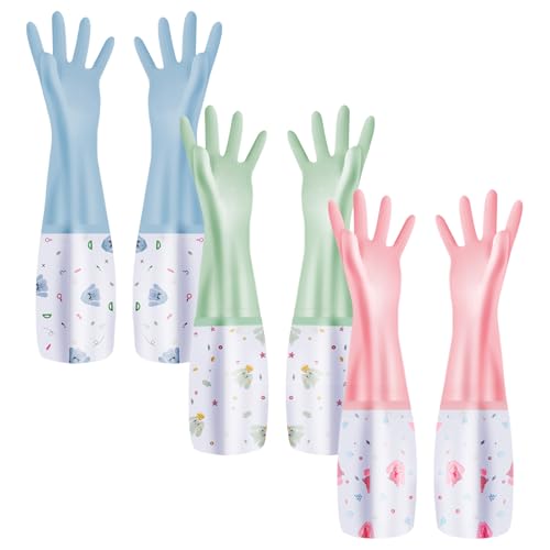 XJMWXHFC 3Pcs Reusable Dishwashing Gloves Waterproof Long Cuff Non-Slip Household Gloves With Cotton Lined For Laundry Cleaning Working Gardening