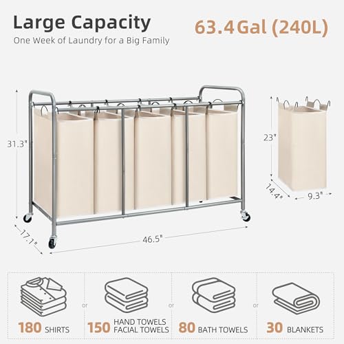 Image of STORAGE MANIAC 5 Section Laundry Sorter, 5 Bins Rolling Separator Laundry Basket, Dirty Clothes Hamper Divider with Heavy Duty Lockable Wheels, Large Clothes Organizer Cart, Beige