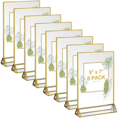 8 Pack Acrylic Sign Holder Gold Borders,5 x 7 Gold Table Number H...