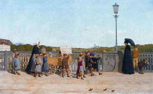 Tableau vintage écoliers à l'église pour décoration chambre rétro 60x90cm