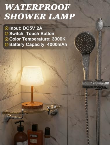 Shower Lamp IP54 Waterproof, Cordless Rechargeable Table Lamp, Outdoor Use | 4000mAh Battery Operated, Dimmable Touch Desk Light for Bathroom, Bathtub, Kitchen, Bedroom, Patio, Camping, Wood Grain 1Pack - image 5