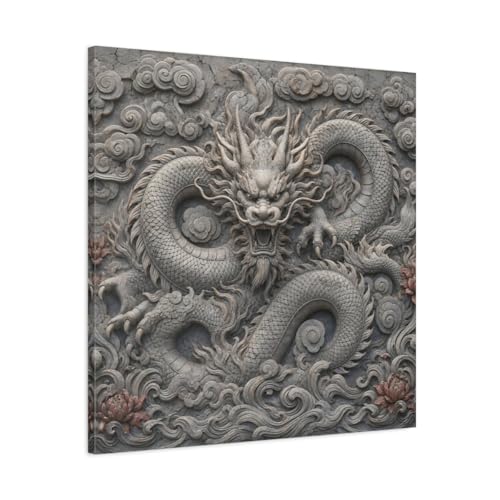 Tableau sur toile dragon effet pierre sculptée œuvre carrée 75 cm de qualité supérieure