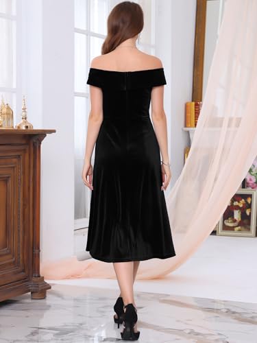 Women's Velvet Dress Off The Shoulder Vintage Cocktail Evening A-Line Dresses4