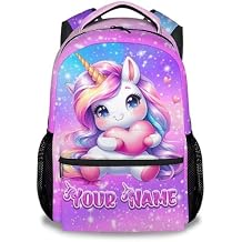 Personalized Unicorn Backpacks for Girls - Kids Backpack for School - Cute Custom Bookbag - 17 Inch Lightweight Large Capacity Primary Schoolbag