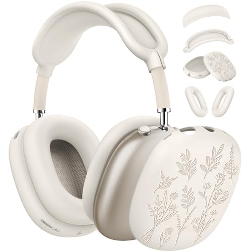 [4 in 1] Flower Engraved Silicone Case Cover for AirPods Max USB-C (2024) Anti-Scratch Sweat-Proof Ear Pad Case Cover/Ear Cups Cover/Headband Cover Accessories for AirPods Max Headphones (Stone)