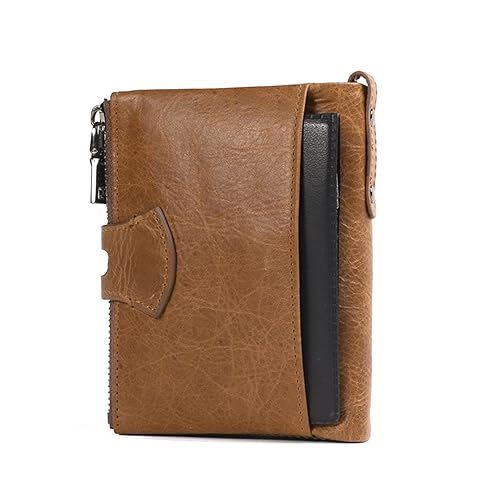 Zip Wallet for Men Women Genuine Leather Bifold Credit Card Holder Snap Fastener Stylish With 1 ID Window 307# Brown3