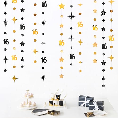 Image of Black Gold 16th Birthday Decorations Number 16 Circle Dot Twinkle Star Garland Streamer Banner Backdrop for Girls Boys Happy 16th Birthday Sweet Sixteen Anniversary Cheers to 16 Years Party Decor