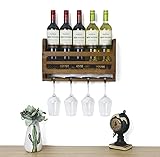 SODUKU Wall Mounted Wooden Wine Rack 5 Wine Bottles and 4 Stem Glasses Holder Wine Cork Storage Rack Walnut Brown