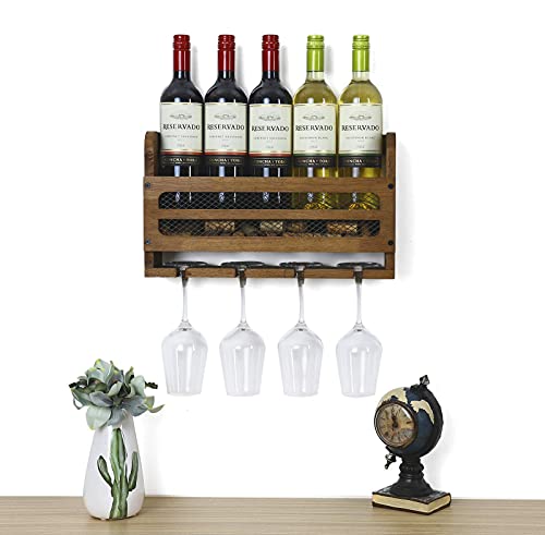 SODUKU Wall Mounted Wooden Wine Rack 5 Wine Bottles and 4 Stem Glasses Holder Wine Cork Storage Rack Walnut Brown