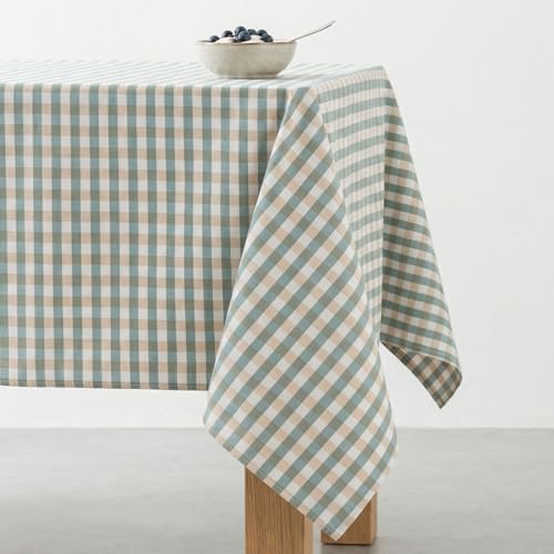 GAMUSI Nappe anti-taches à carreaux Vichy rectangulaire - Coton tissé, toucher naturel, 140 x 240 cm, bleu