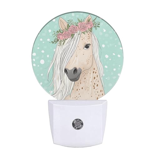 Image of EKOBLA Watercolor Horse Night Light, Horse with Floral Wreath Night Lights Plug Into Wall with Dusk to Dawn Sensor for All Ages