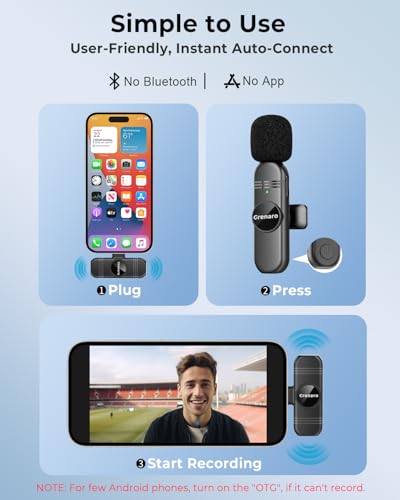 GRENARO Wireless Mic for Youtubers, Noise Cancellation S9 Wireless Microphone for Video Recording, Live Streaming, Mic Wireless for Type-C Ports Devices, 30M Range (Dual Channel Type-C Port Version)