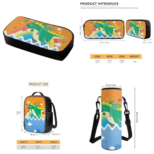 Cute Cartoon Dinosaur School Backpack Set Bookbags with Lunch Box Pencil Case and Water Bottle Cover Holder 4pcs for Middle School Primary Junior High University4