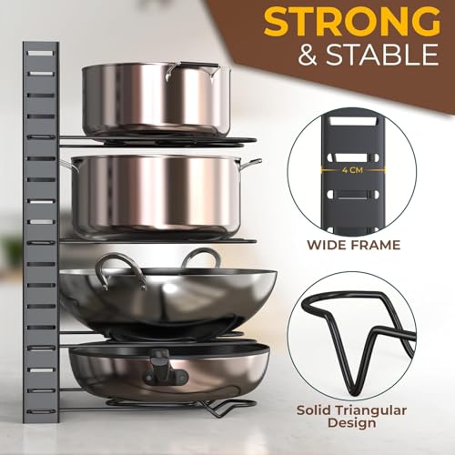 Image of ProGrade Pan Stand, Black Metal Multi-Tier Pot and Pan Organiser Rack, Freestanding, Powder Coated, for Kitchen Storage