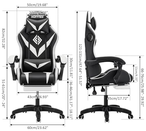 HOFFREE Gaming Chair Massage with Bluetooth Speakers and Led Lights Ergonomic Computer Gaming Chair with Footrest RGB Video Game Chair with High Back Lumbar Support White and Black