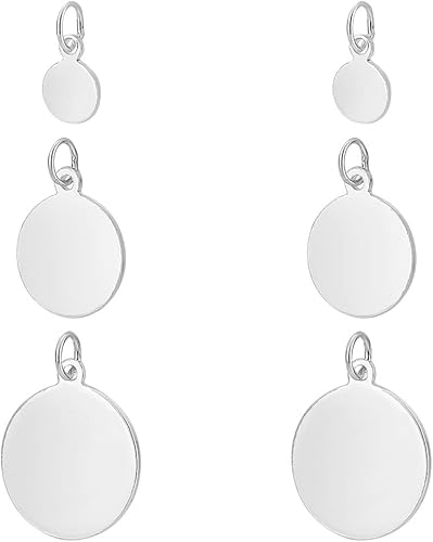 PH PandaHall Etiquetas de estampado de plata de ley 925, 6 colgantes redondos grabables de 3 tamaños, colgantes de disco perforado, etiquetas de