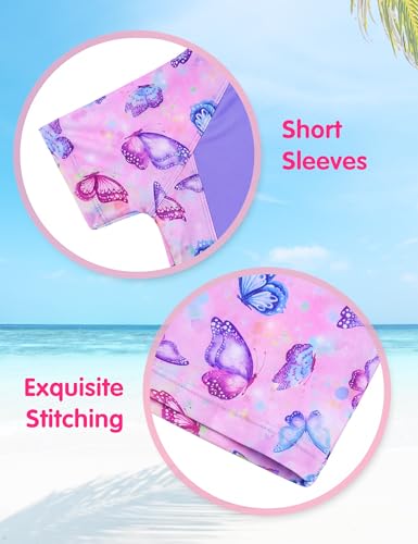 Image of Girls Swimsuit Colorful Short Sleeve Bathing Suits UPF 50+ Rash Guard Set Two Piece Summer Swimwear
