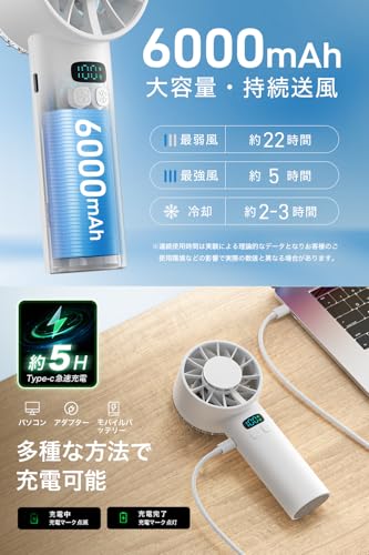 【2025年夏モデル】 携帯扇風機 冷却プレート ハンディファン 6000mAh大容量 100無階段風量調節 大風量 接触冷感 クーラー機能 手持ち扇風機 静音 強力 軽量 卓上扇風機 Type-C充電 LEDディスプレイ 軽量 ストラップ付き 長時間稼働 熱中症対策 スポーツ観戦/オフィス/アウトドアなどに適用 ギフト (ホワイト)