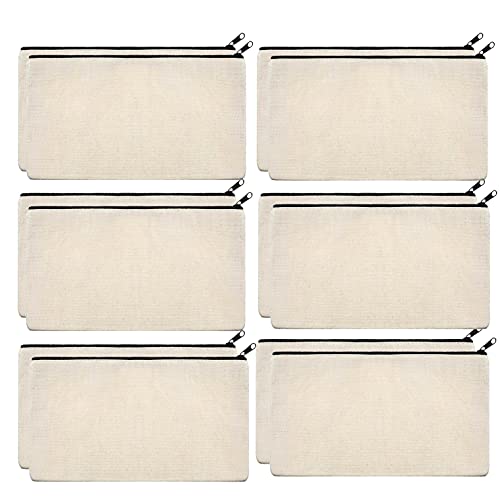 Image of Lify Diy Craft Blank Bag Canvas Makeup Pencil Pouch With Zipper- Multipurpose Pen Pencil Case Cotton Canvas Cosmetic Bag Travel Cosmetic Bag -12 Piece Pack - White