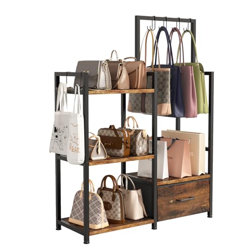 WCBSQX 3-Tier Purse Rack Stand with Pull-Out Drawer & 6 Hooks - Floor Standing Purse Organizer Shelf, Closet Storage Display for Bedroom, Entryway (Rustic Brown)