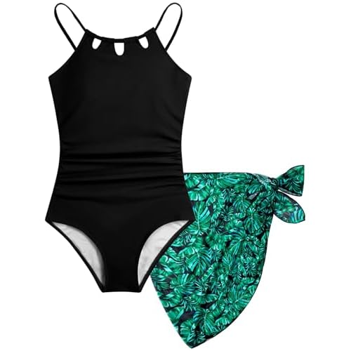 HOZIY Girls Swimsiut One-Piece Bathing Suit with Mesh Cover Ups Skirt Adjustable Straps Cut Out Swimwear Size 7-16 Black 15-16 Years
