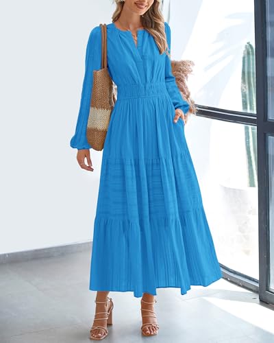 BTFBM Fall Dresses for Women 2025 Casual Long Sleeve V Neck Elastic Waist Lightweight Maxi Wedding Guest Dress Pockets