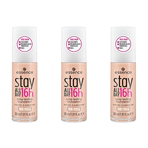 Esence Stay All Day - Base de maquillaje de larga duración, resistente a las manchas, resistente al agua, crema suave n.º 15, color nude, de larga duración, mate, vegano, sin aceite, resistente al