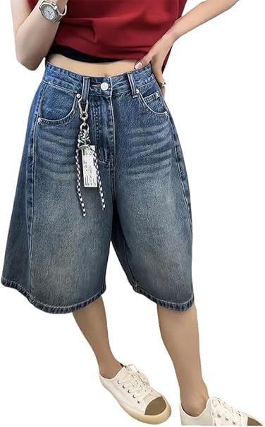 FUNSEED Short en jean Bermuda pour femme, été, taille haute, tendance, décontracté, short oversize, jean long slim décontracté, bleu jeans, L
