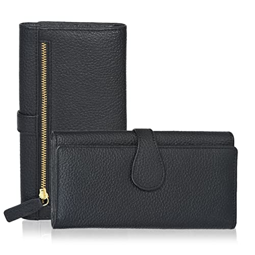 Image of Real Leather Women Wallet Leather with RFID Blocking -Trifold Card Holder Designer Ladies Clutch with ID Window Wallets, black, Small, Cfh12