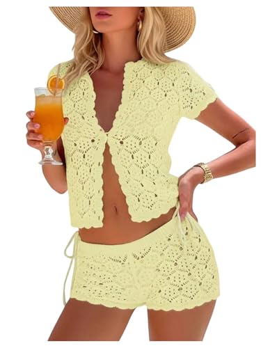 GORGLITTER Womens Crochet Short Sets Short Sleeve Button Down Cardigan Top and Shorts Vacation Outfits Yellow Small