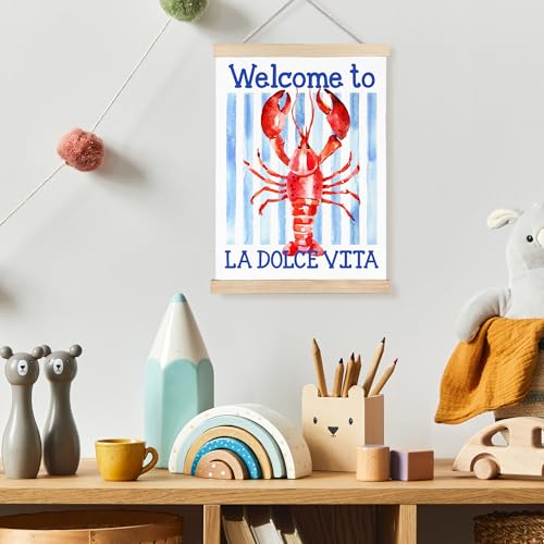 Image of PQKIY Summer Coastal Red Lobster Wall Art Poster Hanger Frame 12x16 in, Watercolor Nautical Beach Seafood Blue Striped Aesthetic Wall Decor Canvas Prints for Home Kitchen Dining Room Party