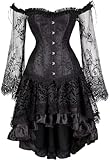 Jutrisujo Corset Top Skirt Set Dress Bustier Lace Long Sleeves Floral Plus Size Costume Halloween Women Black XL
